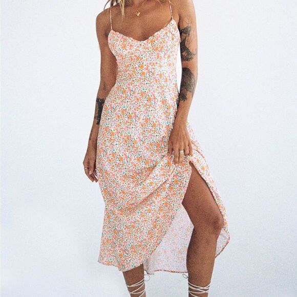 Princess Polly Dresses & Skirts - Princess Polly Floral Slip Midi Dress in White, Pink & Orange